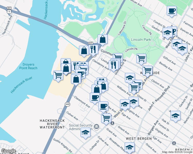 map of restaurants, bars, coffee shops, grocery stores, and more near 131 Williams Avenue in Jersey City