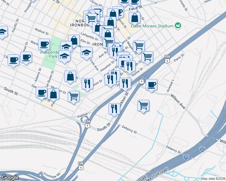 map of restaurants, bars, coffee shops, grocery stores, and more near 62-70 Jabez Street in Newark