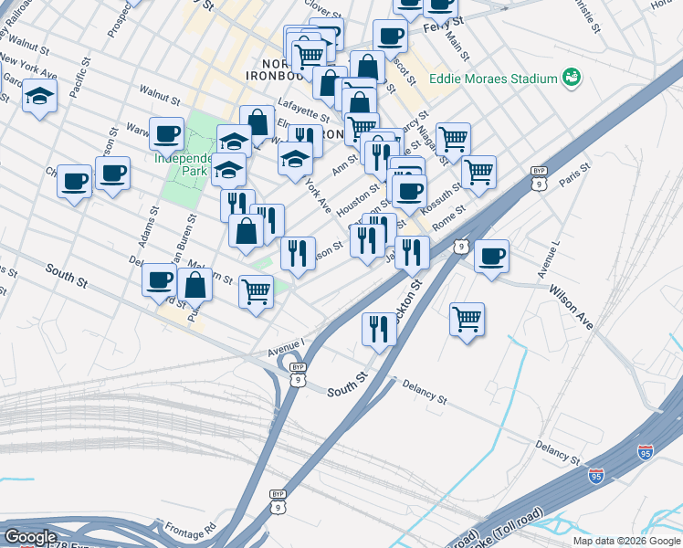 map of restaurants, bars, coffee shops, grocery stores, and more near 41 Gotthardt Street in Newark