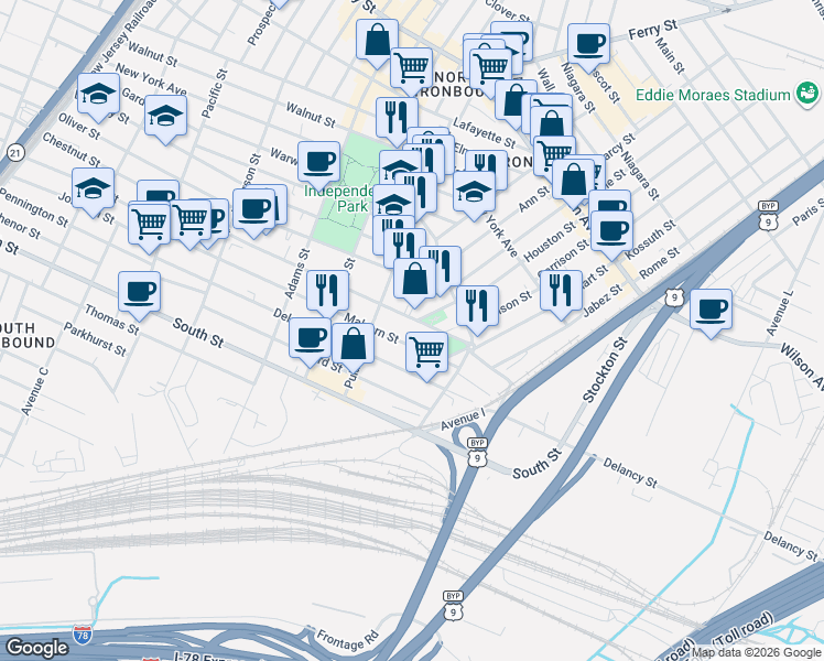 map of restaurants, bars, coffee shops, grocery stores, and more near 407 Chestnut Street in Newark
