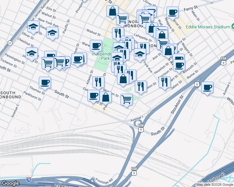 map of restaurants, bars, coffee shops, grocery stores, and more near 407 Chestnut Street in Newark