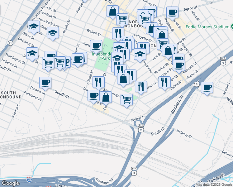 map of restaurants, bars, coffee shops, grocery stores, and more near 407 Chestnut Street in Newark
