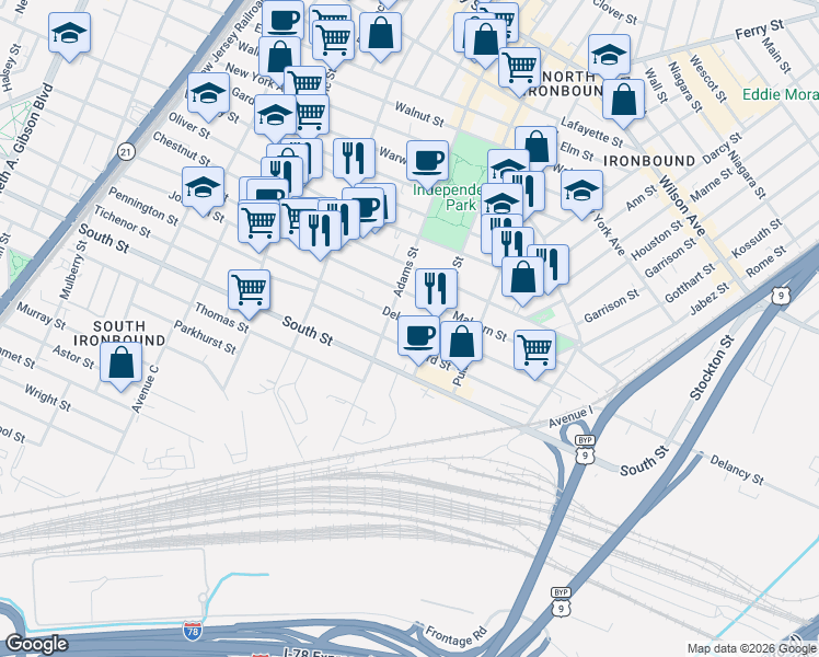map of restaurants, bars, coffee shops, grocery stores, and more near 117 Delancy Street in Newark