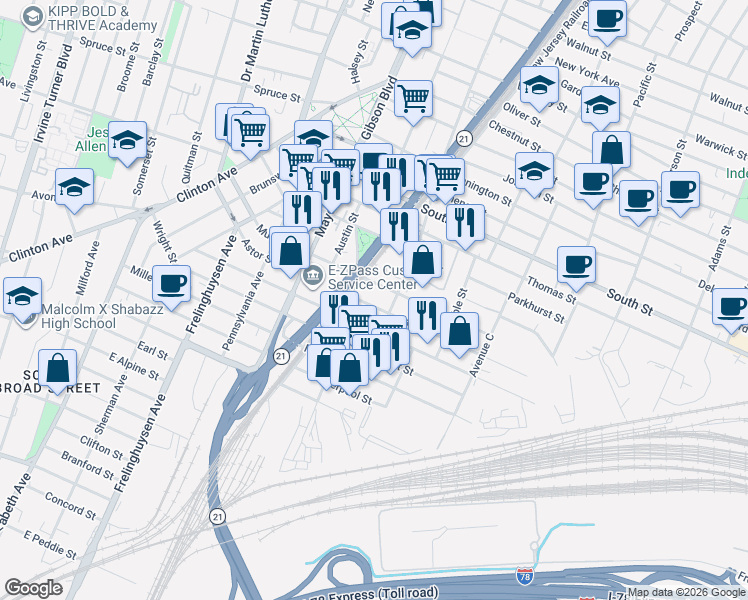 map of restaurants, bars, coffee shops, grocery stores, and more near 143 Astor Street in Newark