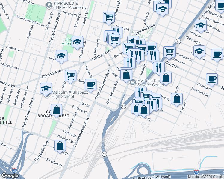 map of restaurants, bars, coffee shops, grocery stores, and more near 137 Pennsylvania Avenue in Newark