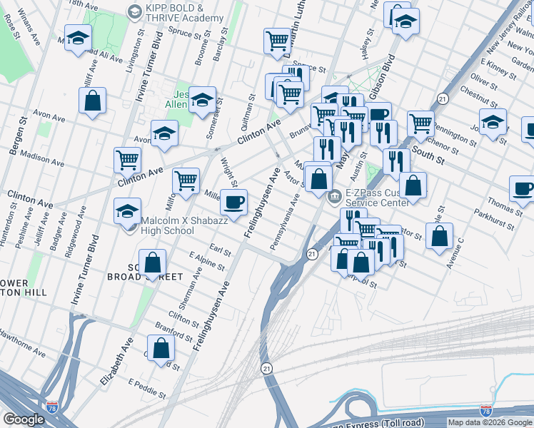 map of restaurants, bars, coffee shops, grocery stores, and more near in Newark