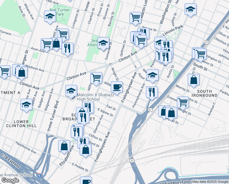 map of restaurants, bars, coffee shops, grocery stores, and more near 137-143 Sherman Avenue in Newark