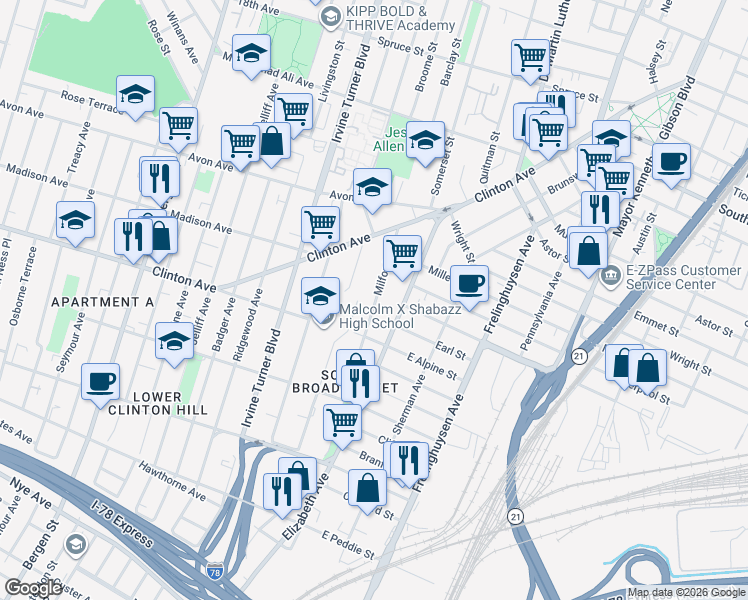 map of restaurants, bars, coffee shops, grocery stores, and more near 60 Milford Avenue in Newark