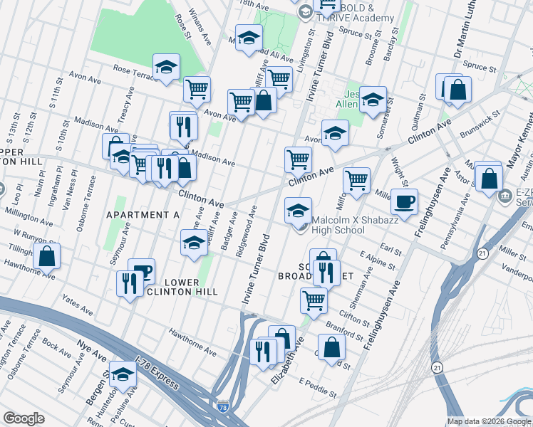 map of restaurants, bars, coffee shops, grocery stores, and more near 394 Irvine Turner Boulevard in Newark