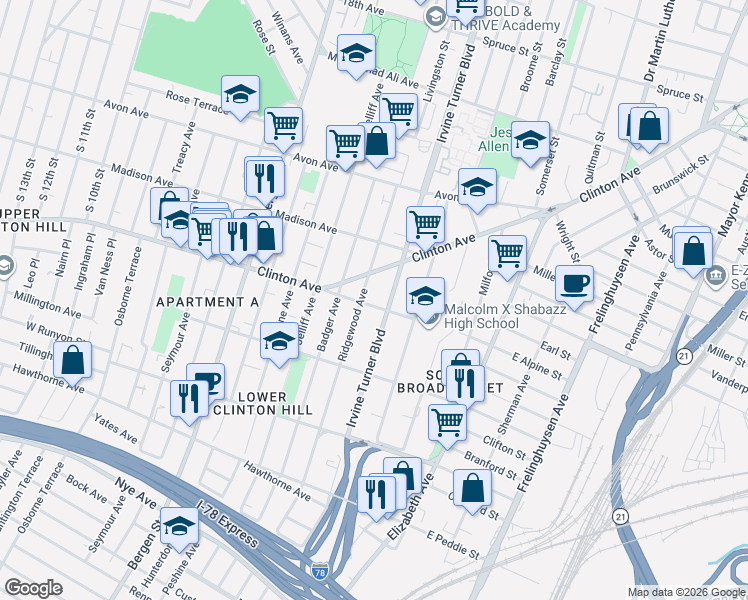 map of restaurants, bars, coffee shops, grocery stores, and more near 394 Irvine Turner Boulevard in Newark