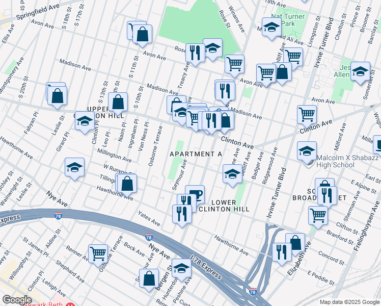 map of restaurants, bars, coffee shops, grocery stores, and more near 165 Chadwick Avenue in Newark
