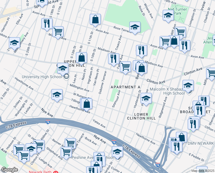 map of restaurants, bars, coffee shops, grocery stores, and more near 54-56 Osborne Terrace in Newark