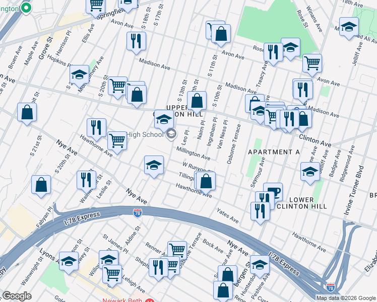 map of restaurants, bars, coffee shops, grocery stores, and more near 59 Millington Avenue in Newark