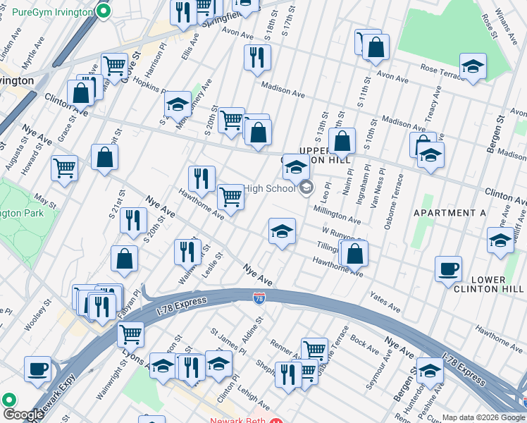 map of restaurants, bars, coffee shops, grocery stores, and more near 85-87 Girard Place in Newark