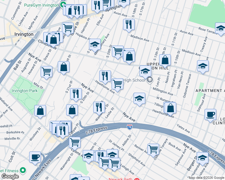 map of restaurants, bars, coffee shops, grocery stores, and more near in Newark