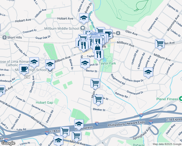 map of restaurants, bars, coffee shops, grocery stores, and more near 30B Rector Street in Essex County