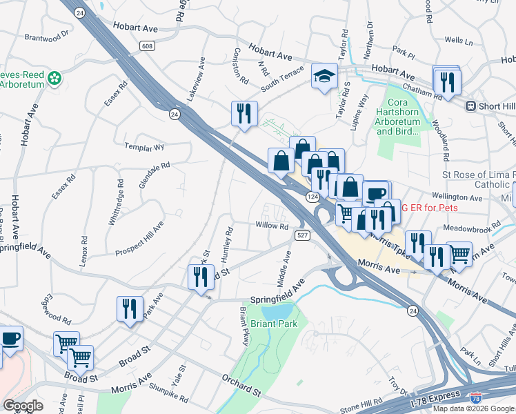 map of restaurants, bars, coffee shops, grocery stores, and more near 36 Milton Avenue in Summit