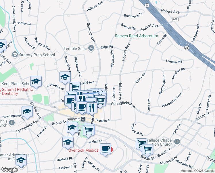 map of restaurants, bars, coffee shops, grocery stores, and more near 28 De Bary Place in Summit