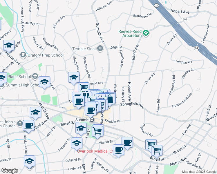 map of restaurants, bars, coffee shops, grocery stores, and more near 145 Summit Avenue in Summit