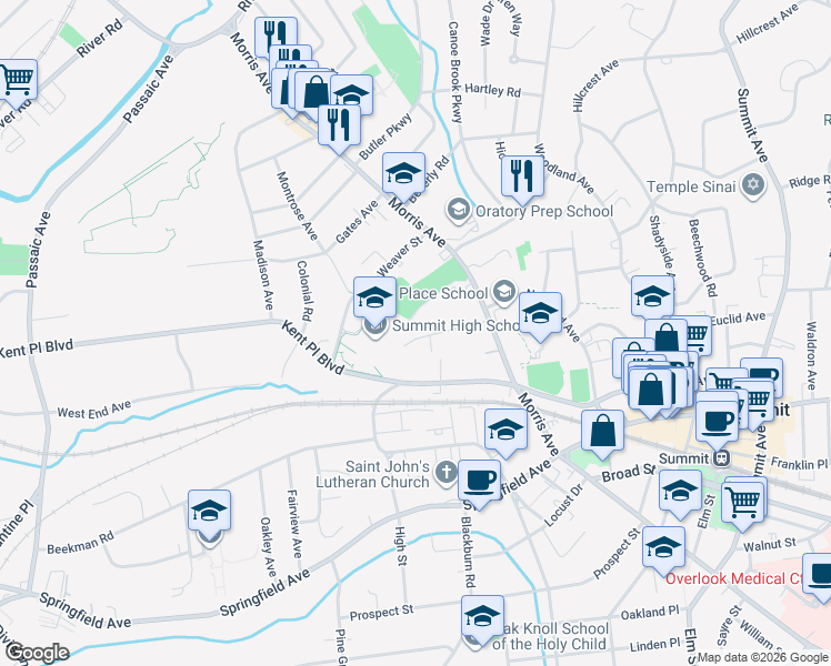 map of restaurants, bars, coffee shops, grocery stores, and more near 37 Edgar Street in Summit