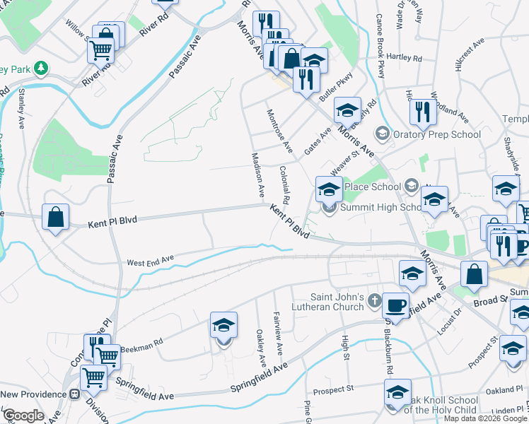map of restaurants, bars, coffee shops, grocery stores, and more near 168 Kent Place Boulevard in Summit