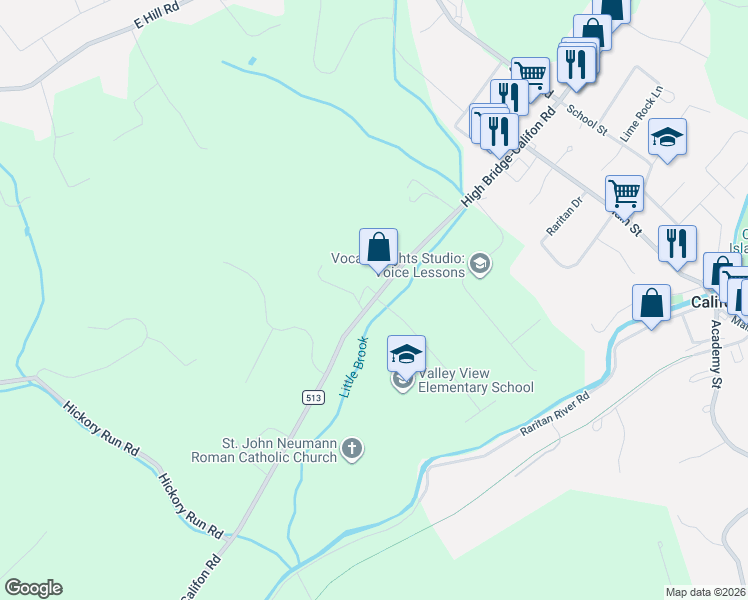 map of restaurants, bars, coffee shops, grocery stores, and more near 407 County Road 513 in Califon