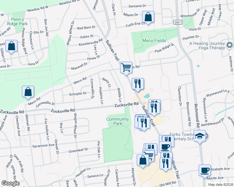 map of restaurants, bars, coffee shops, grocery stores, and more near 600 Fraser Drive in Easton
