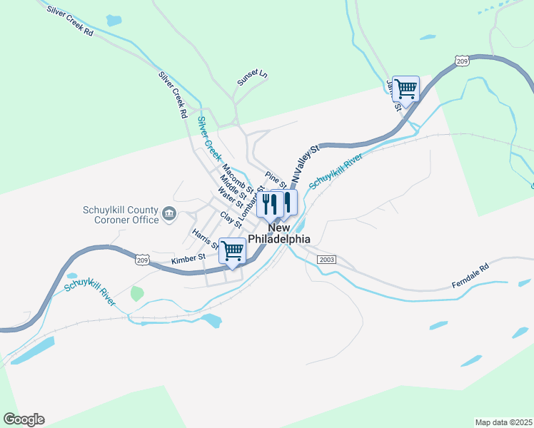 map of restaurants, bars, coffee shops, grocery stores, and more near 30 Valley Street in New Philadelphia