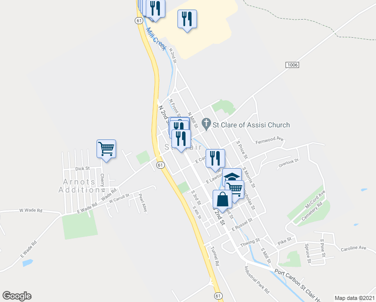 map of restaurants, bars, coffee shops, grocery stores, and more near 115 North 2nd Street in Saint Clair