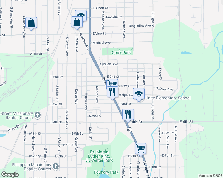 map of restaurants, bars, coffee shops, grocery stores, and more near 1111 St Johns Ave in Lima