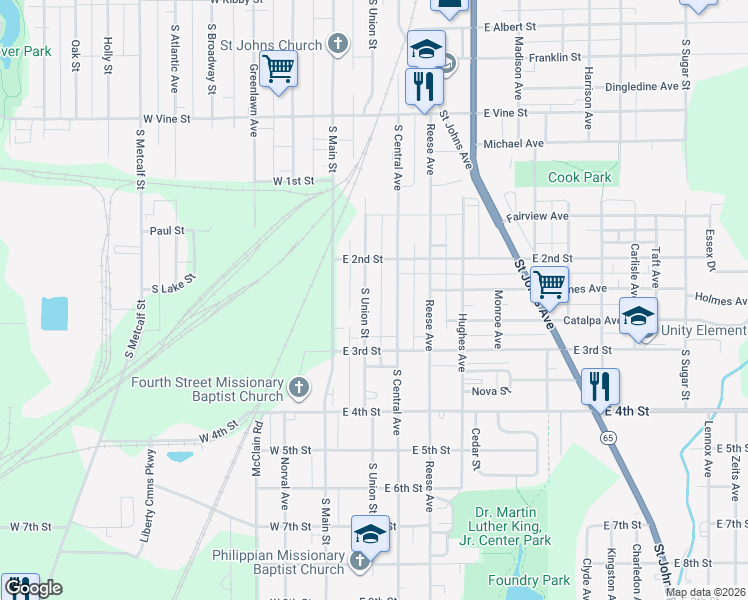 map of restaurants, bars, coffee shops, grocery stores, and more near 1147 South Union Street in Lima