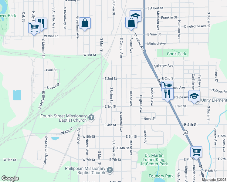 map of restaurants, bars, coffee shops, grocery stores, and more near 1147 South Union Street in Lima