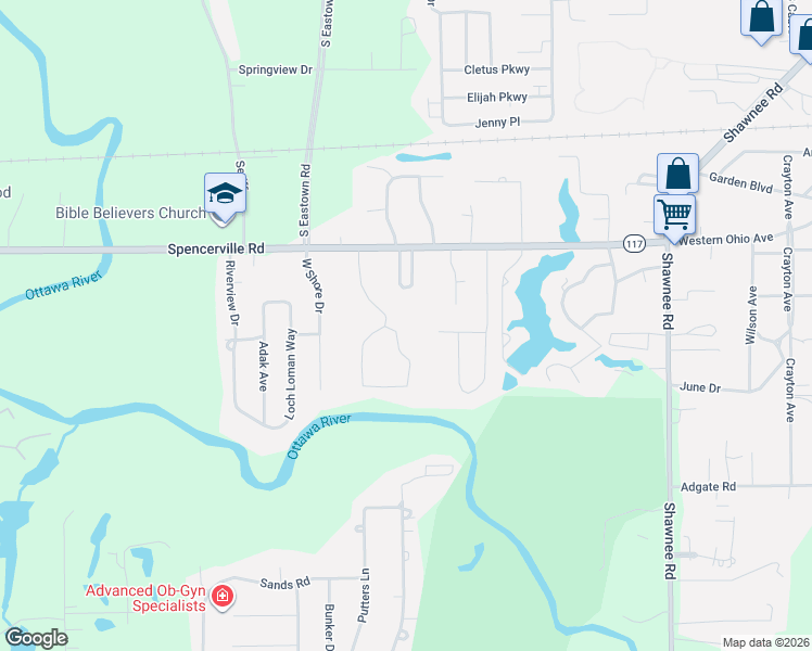 map of restaurants, bars, coffee shops, grocery stores, and more near 1589 Walnut Court in Lima