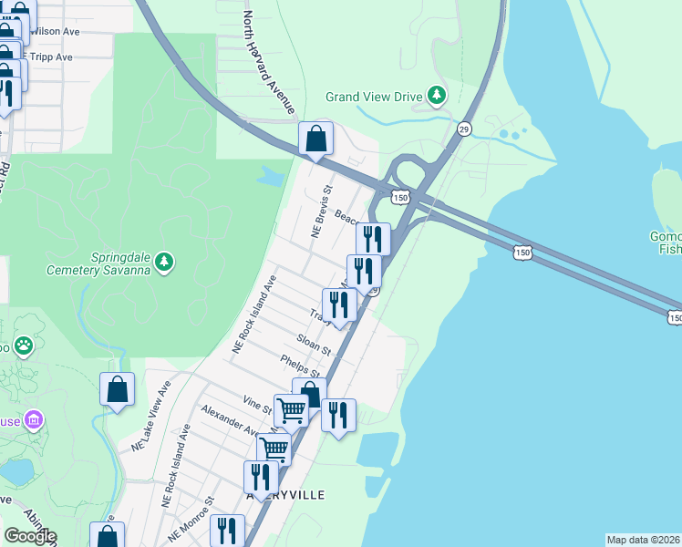 map of restaurants, bars, coffee shops, grocery stores, and more near 3425 NE Madison Ave in Peoria