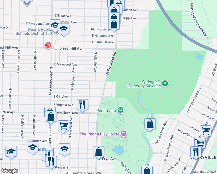 map of restaurants, bars, coffee shops, grocery stores, and more near 1305 East Seneca Place in Peoria