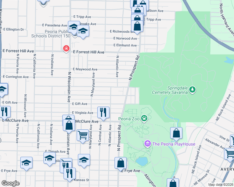 map of restaurants, bars, coffee shops, grocery stores, and more near 1235 East Seneca Place in Peoria