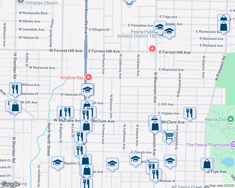map of restaurants, bars, coffee shops, grocery stores, and more near 2701 North California Avenue in Peoria