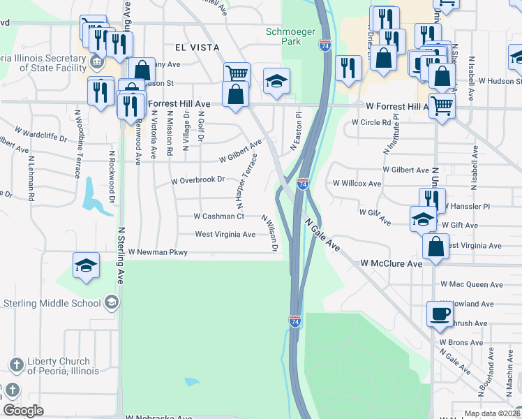 map of restaurants, bars, coffee shops, grocery stores, and more near 1917 West Cashman Court in Peoria