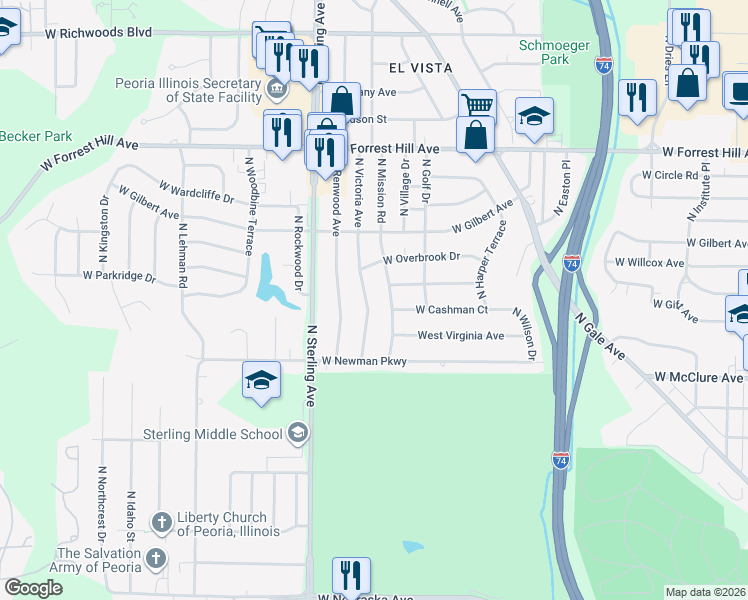 map of restaurants, bars, coffee shops, grocery stores, and more near 2708 North Victoria Avenue in Peoria