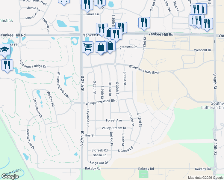 map of restaurants, bars, coffee shops, grocery stores, and more near 9100 Del Rio Drive in Lincoln
