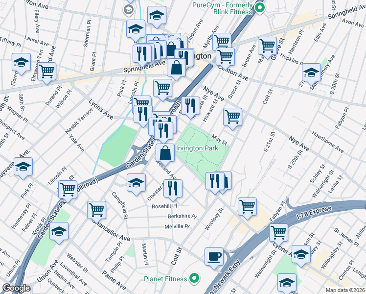 map of restaurants, bars, coffee shops, grocery stores, and more near 165 Augusta Street in Irvington