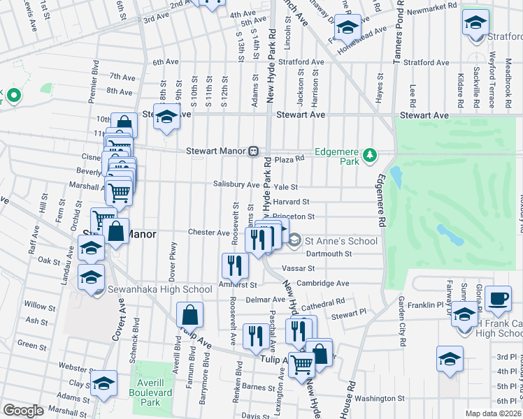 map of restaurants, bars, coffee shops, grocery stores, and more near 116 New Hyde Park Road in Garden City