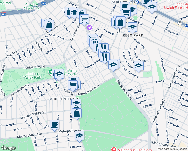map of restaurants, bars, coffee shops, grocery stores, and more near 64-46 84th Street in Queens