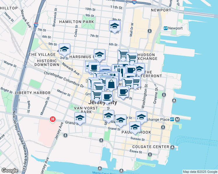 map of restaurants, bars, coffee shops, grocery stores, and more near 343 Marin Boulevard in Jersey City