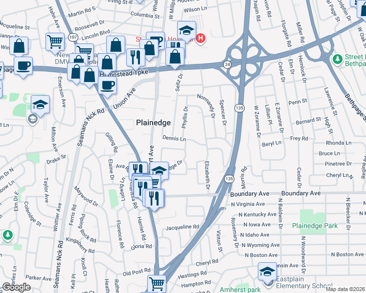 map of restaurants, bars, coffee shops, grocery stores, and more near 47 Plainedge Drive in Bethpage