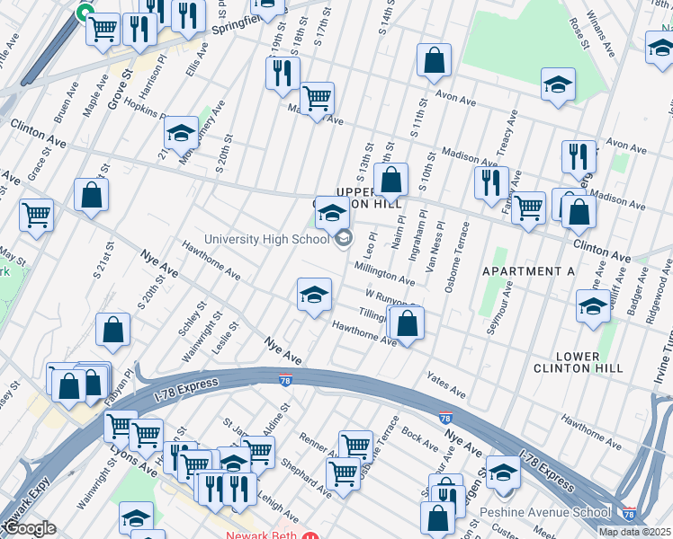 map of restaurants, bars, coffee shops, grocery stores, and more near 5 White Terrace in Newark