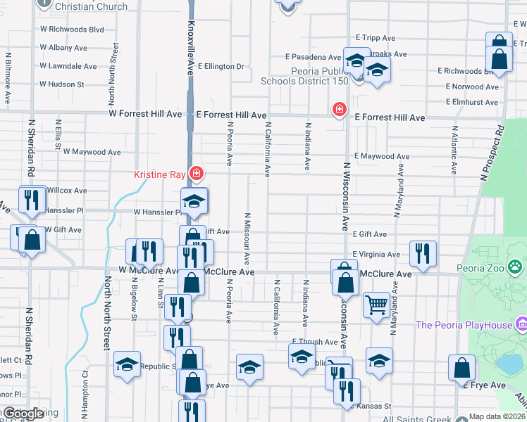 map of restaurants, bars, coffee shops, grocery stores, and more near 2701 North California Avenue in Peoria