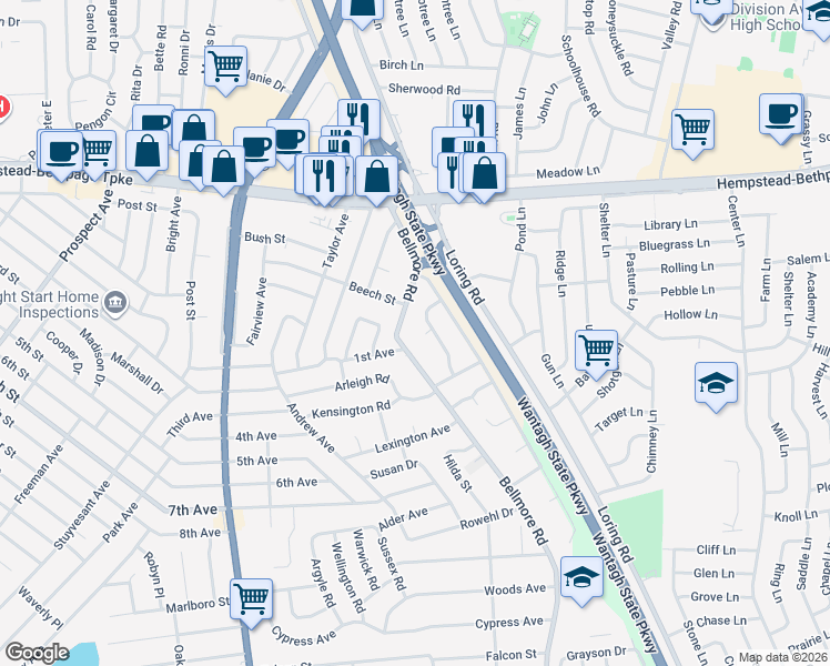 map of restaurants, bars, coffee shops, grocery stores, and more near 150 Lorraine Gate in East Meadow