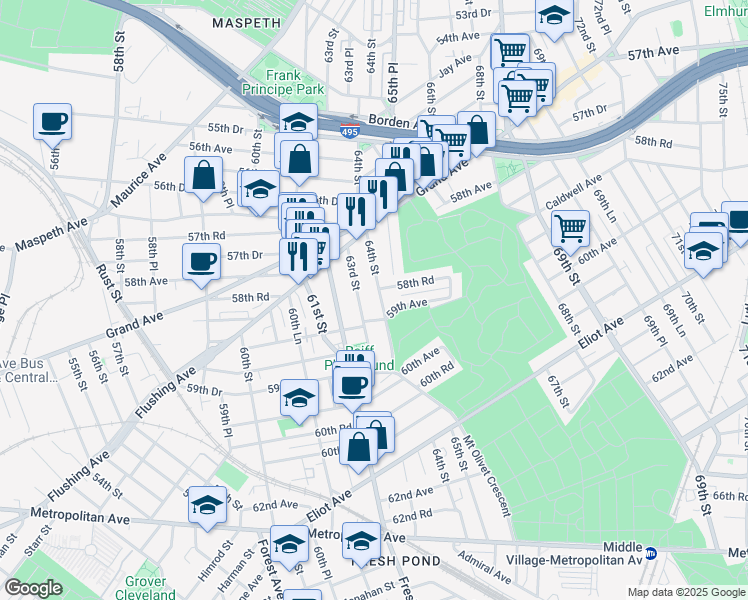 map of restaurants, bars, coffee shops, grocery stores, and more near 58-29 64th Street in Queens