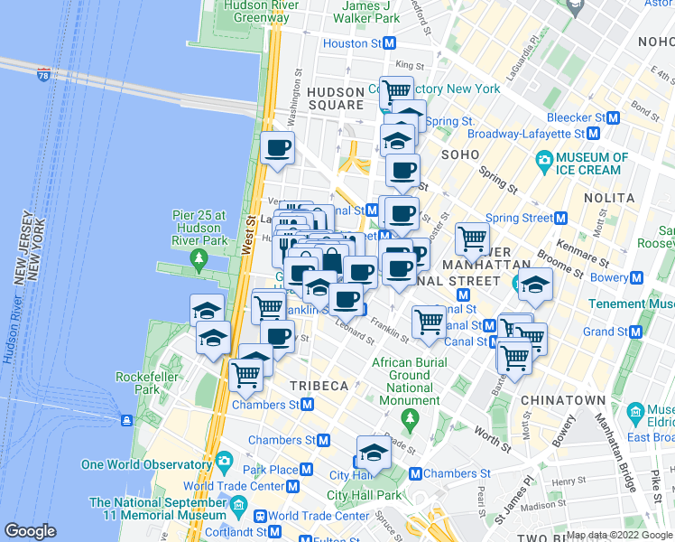 map of restaurants, bars, coffee shops, grocery stores, and more near 32 Ericsson Place in New York